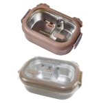 Portacomidas térmico de color marrón con tapa transparente, mostrando su interior dividido en tres compartimentos con diseño de osito.