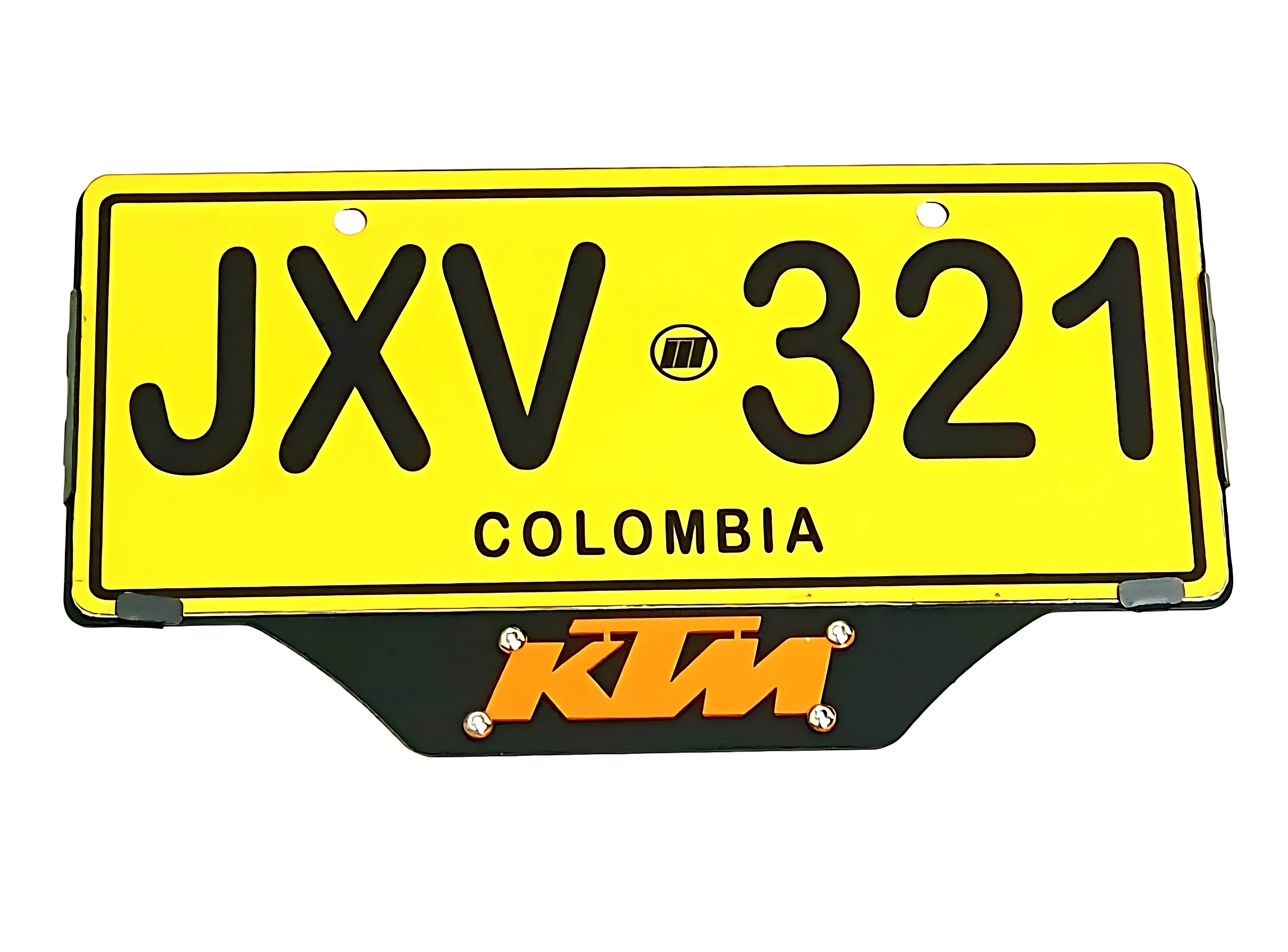 Portaplaca de acero inoxidable KTM en color negro con logo naranja, diseñado para montar placa amarilla de Colombia JXV 321.