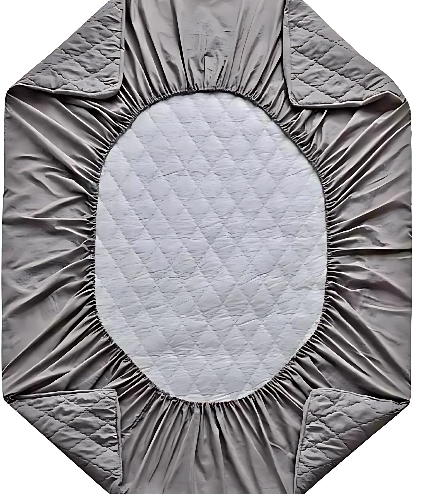 Protector de colchón antifluido de microfibra color gris. Vista cenital del centro acolchado blanco con costuras en rombos y el borde elástico con bolsillos acolchados.