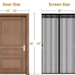 Puerta mosquitera magnética de dos hojas, color negro con malla fina, medidas 36 pulgadas de ancho por 80 pulgadas de alto, ideal para ventilación sin insectos.