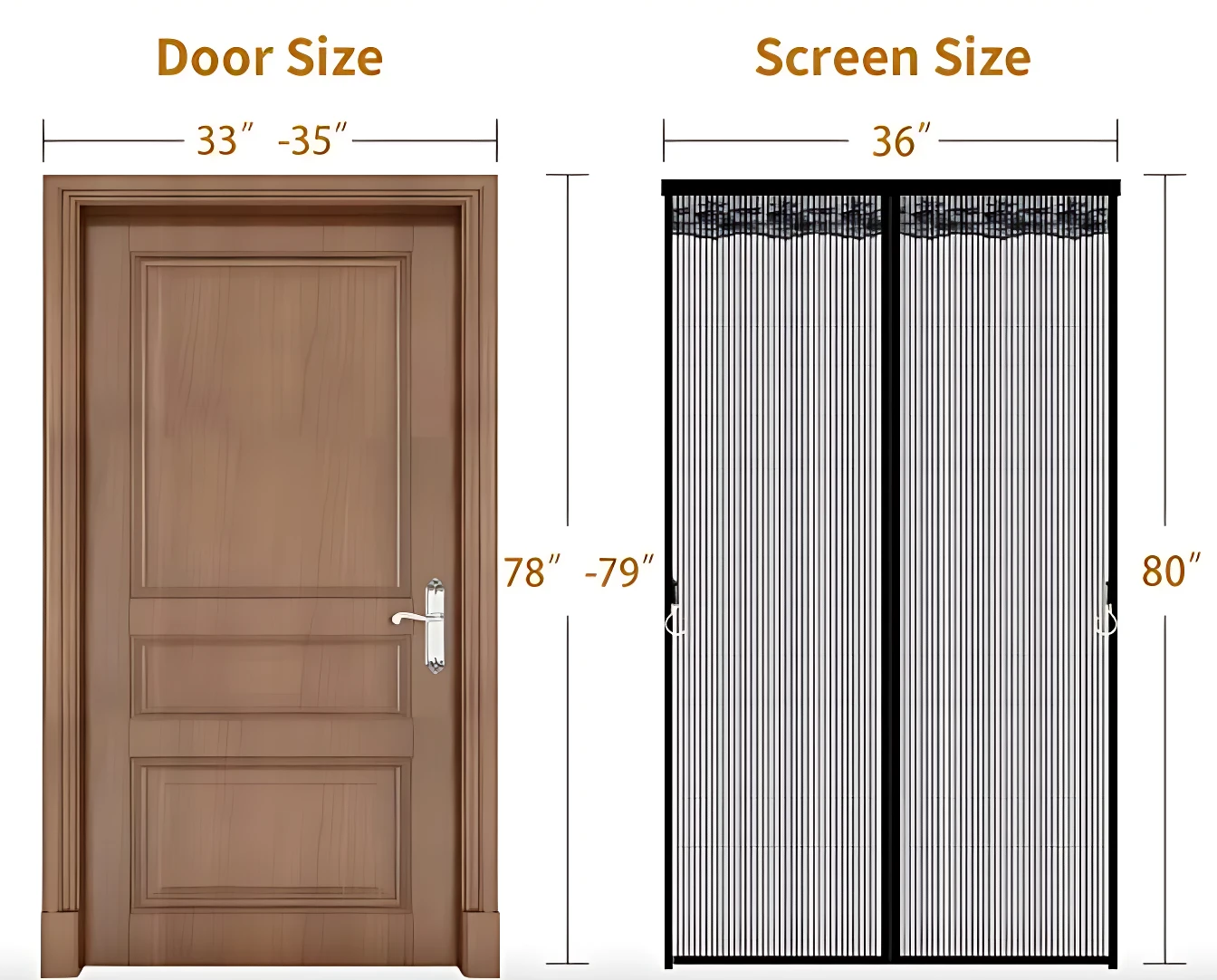 Puerta mosquitera magnética de dos hojas, color negro con malla fina, medidas 36 pulgadas de ancho por 80 pulgadas de alto, ideal para ventilación sin insectos.