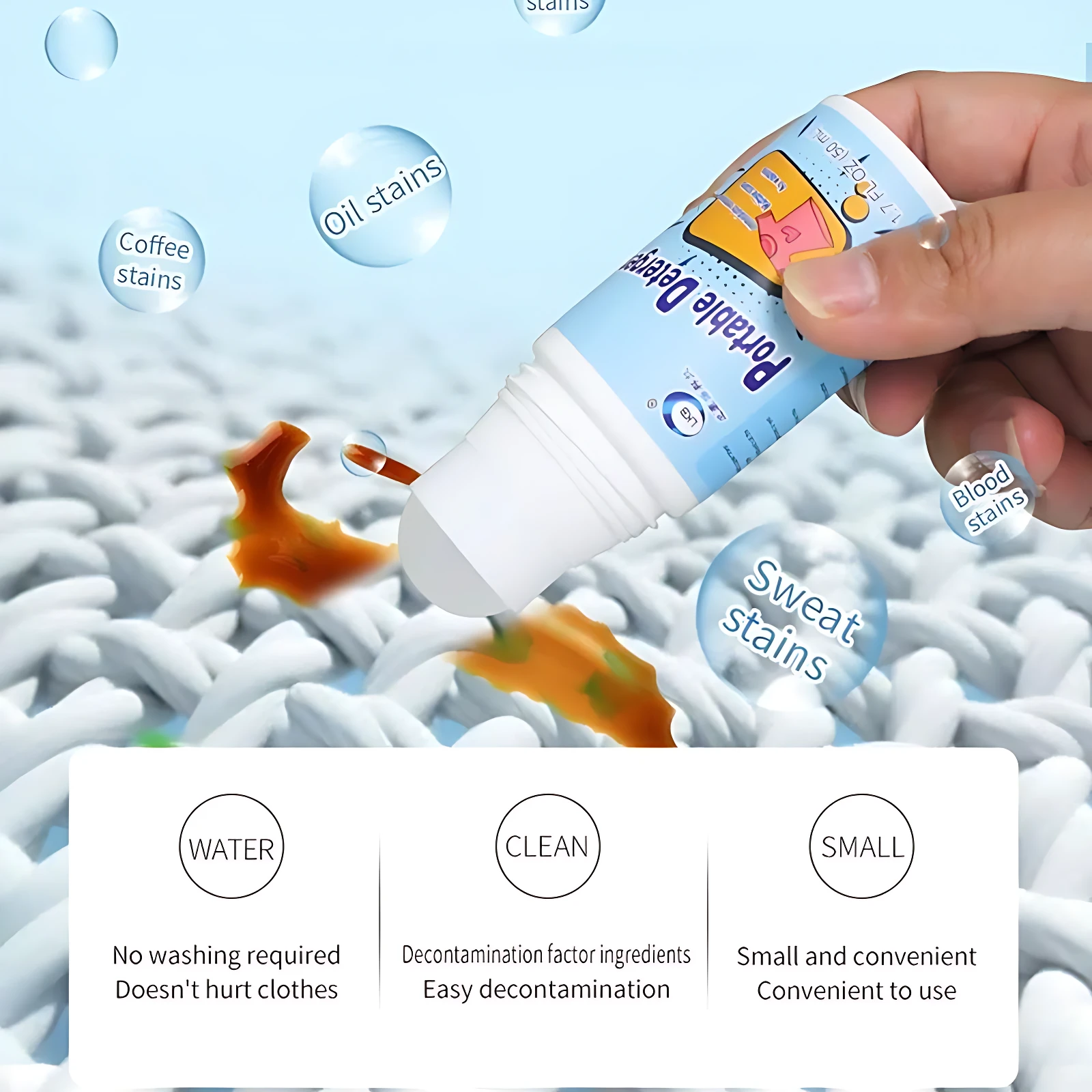 Quitagrasa portátil en tubo blanco con etiqueta azul, aplicándose sobre tela blanca con manchas de aceite, café y sudor. Incluye iconos que indican uso sin agua, ingredientes desinfectantes y formato compacto.