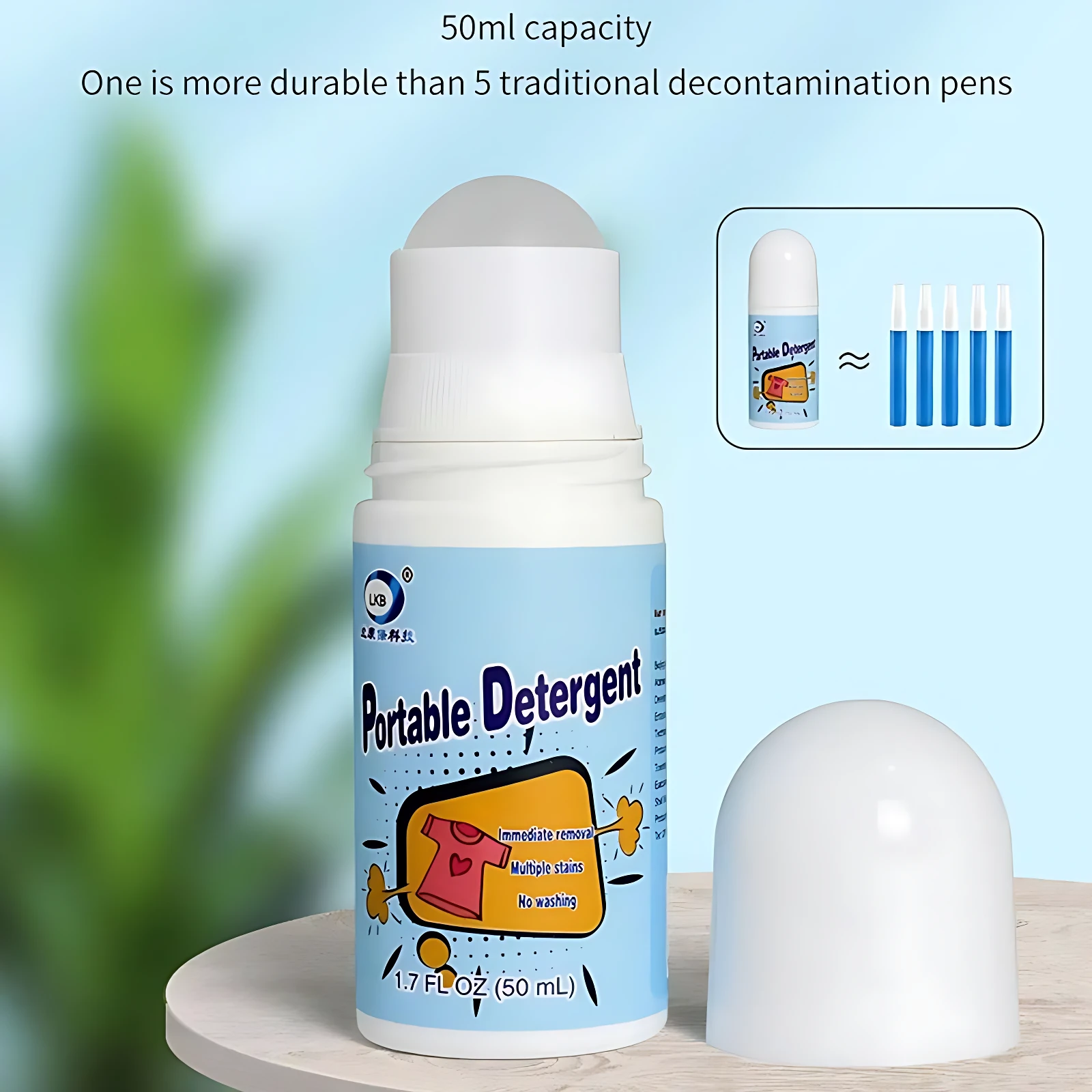 Quitagrasa portátil de 50 ml con tapa blanca, etiqueta azul y de mancha de ropa. Incluye comparativa con cinco bastoncillos.