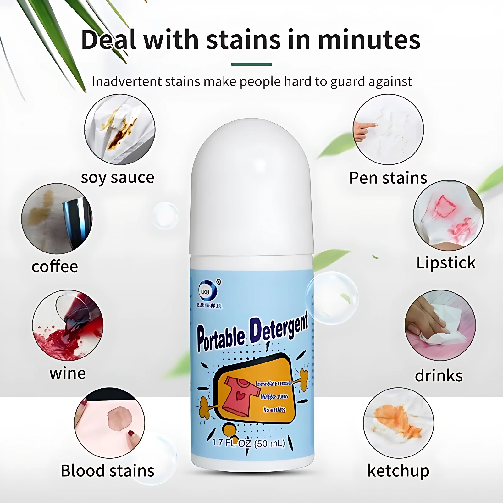 Quita grasa portátil en presentación roll-on de 50 ml, con etiqueta azul y diseño que muestra ejemplos de manchas como vino, ketchup y sangre, junto a texto descriptivo en español.