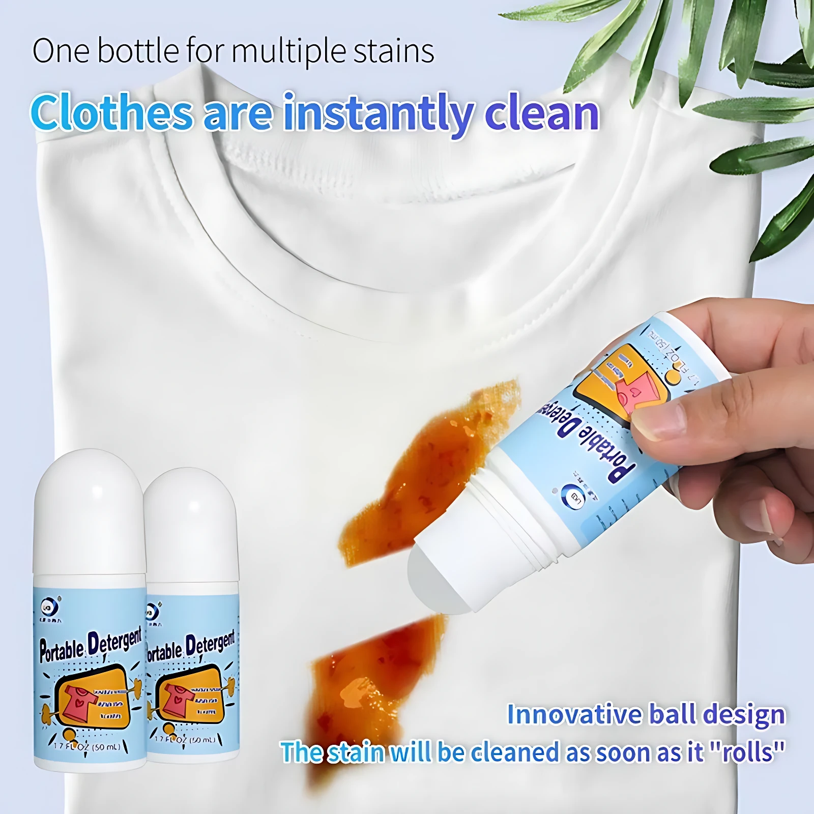 Set de dos quitagrasas portátiles en rollo, 50 ml cada uno, aplicando sobre mancha de grasa en camiseta blanca para demostrar limpieza inmediata sin agua.