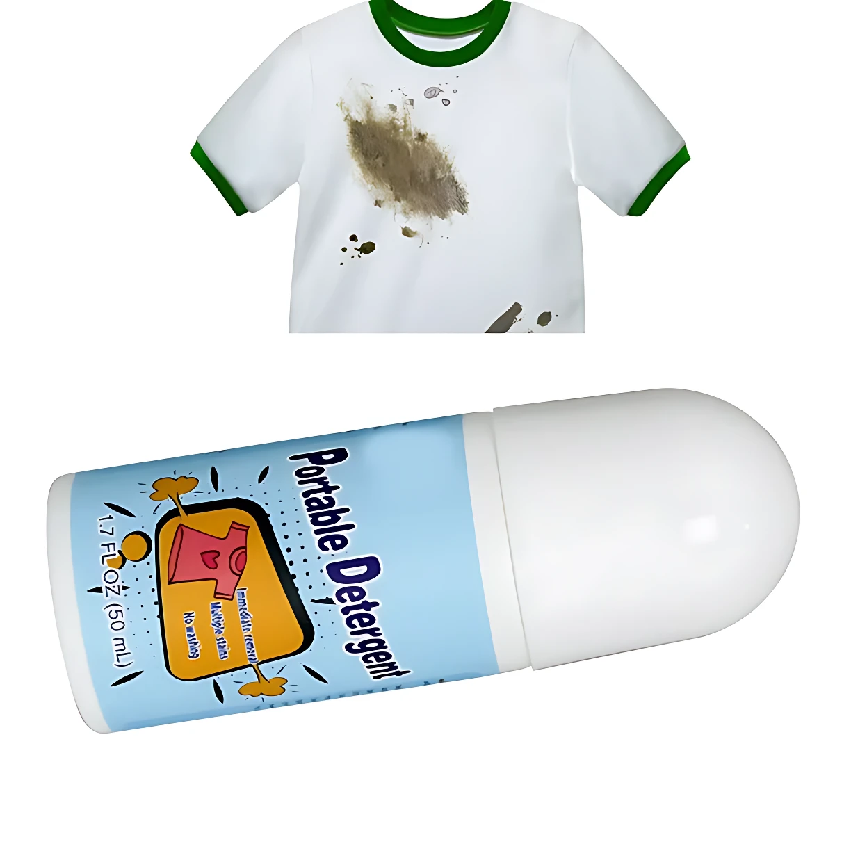 Quitamanchas portátil tipo rolón blanco con etiqueta azul de 50 ml. Se observa el producto junto a una camiseta blanca con ribetes verdes manchada de tierra para ilustrar su uso.