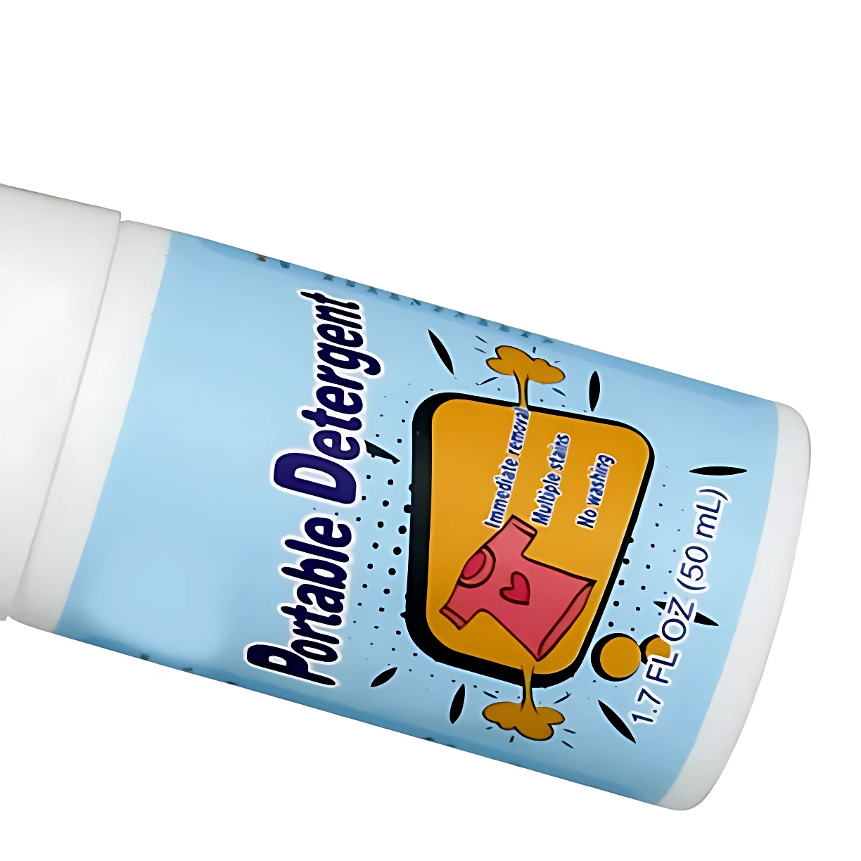 Frasco de quitamanchas portátil de 50 mL con etiqueta azul claro. La etiqueta ilustra una camiseta rosa con una mancha amarilla siendo limpiada, destacando la eliminación inmediata de manchas sin lavado.