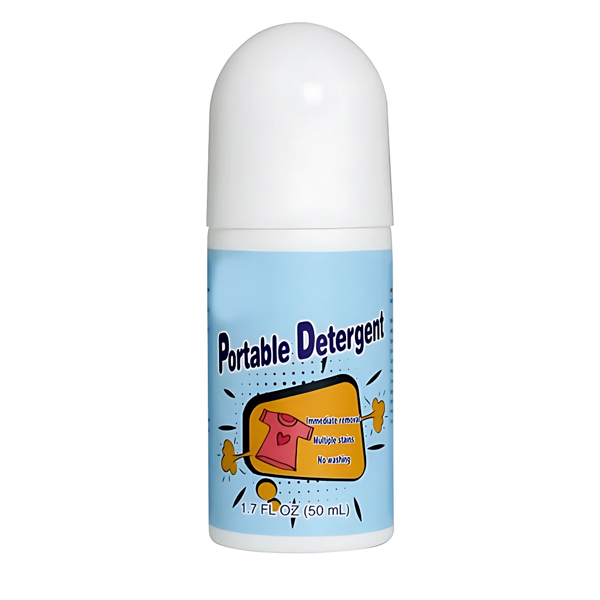 Quitamanchas portátil en rolón con etiqueta azul claro y tapa blanca. Muestra camiseta rosa y texto en inglés. Capacidad de 50 mililitros para limpieza rápida de manchas en ropa sin lavado.