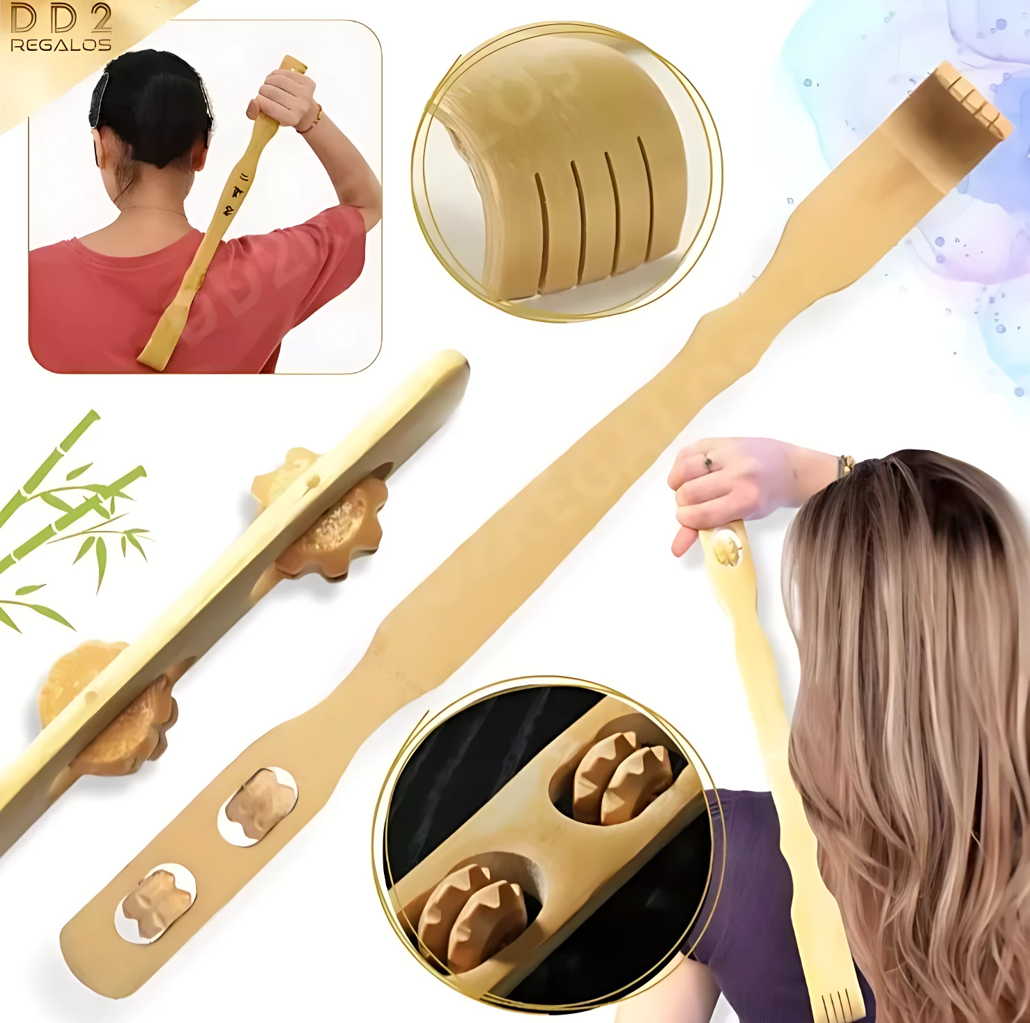 Set x3 rascador de espalda de madera con rodillos masajeadores, ideal para aliviar picazón y relajar músculos.