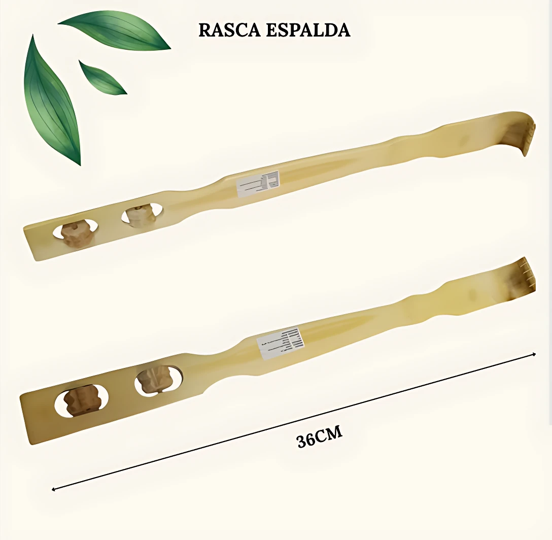 Rascador de espalda de madera de 36 cm con rodillos masajeadores para aliviar picazón y relajar músculos.