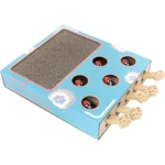Rascador para gatos de cartón azul con ratones deslizantes beige y panel de sisal, diseñado para juego y protección de muebles.