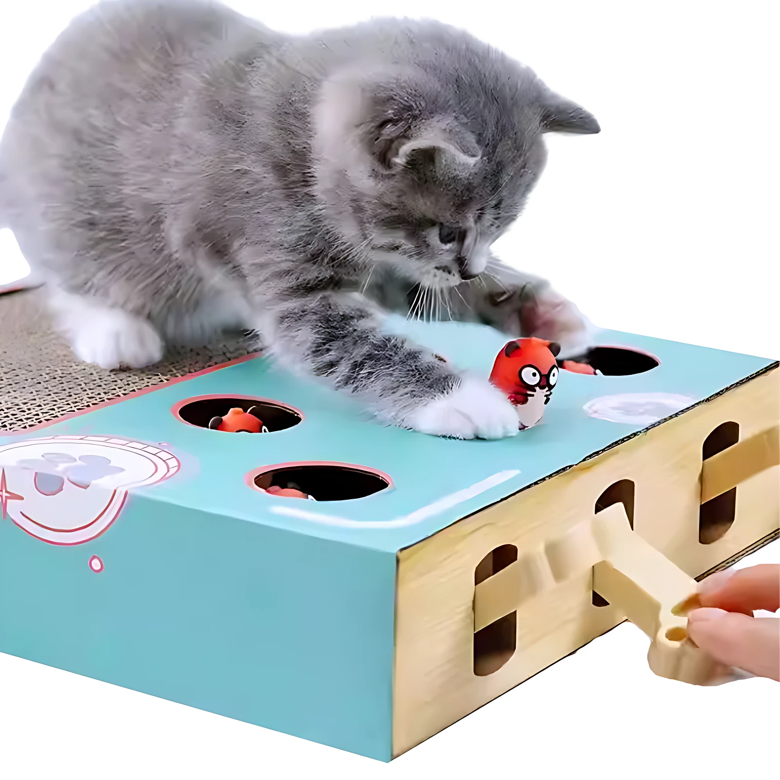 Gato gris interactuando con rascador azul claro de madera, con ratones rojos deslizantes y ranuras laterales para juego.