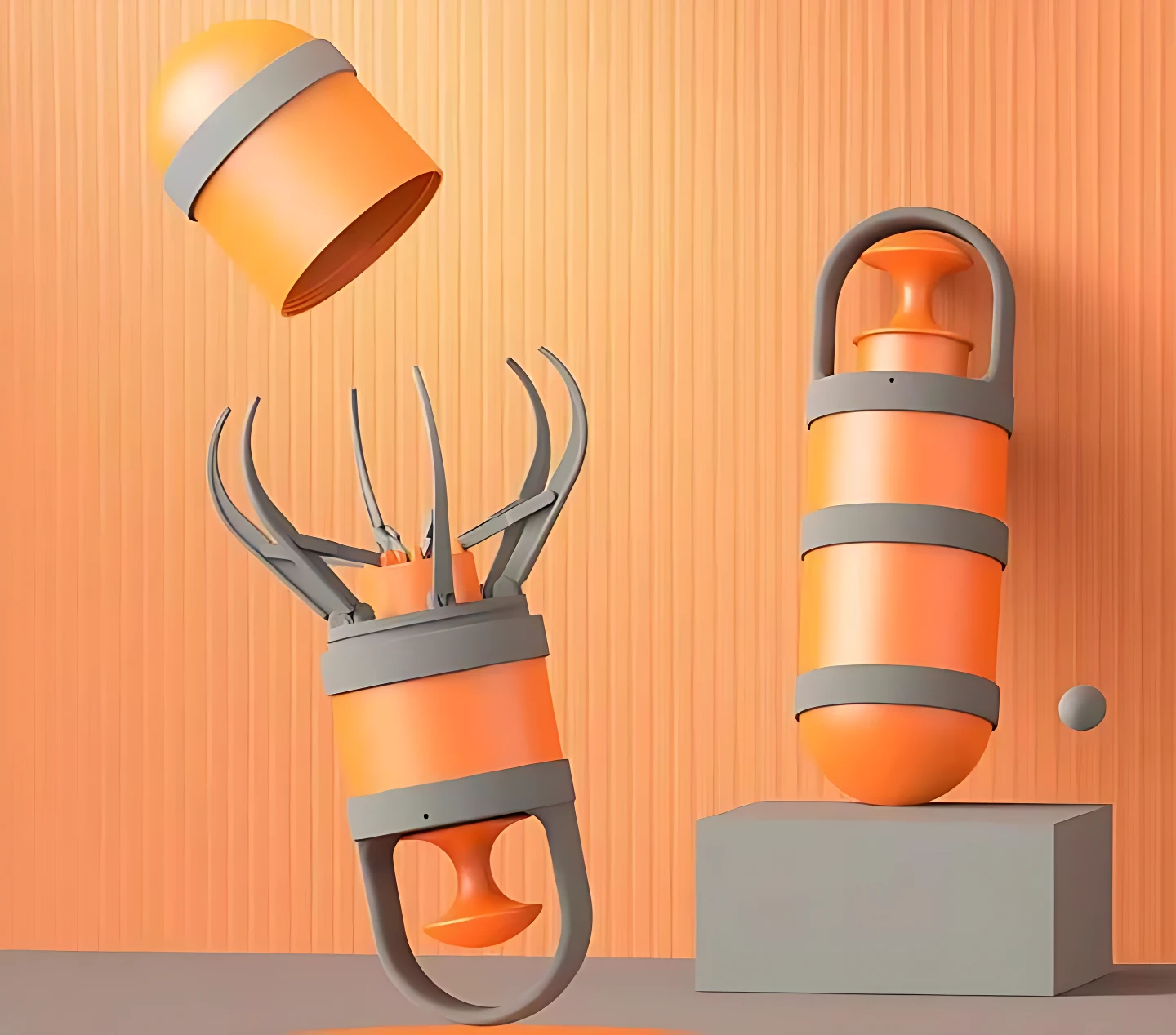 Set de dos recogedores para mascotas con garra plegable en naranja y gris, mostrando piezas desmontadas sobre fondo liso.