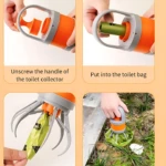 Recogedor de excrementos para mascotas con garra plegable naranja y gris, mostrando uso en cuatro pasos: desenroscar mango, insertar bolsa, extraer bolsa por medio y recoger heces en césped.