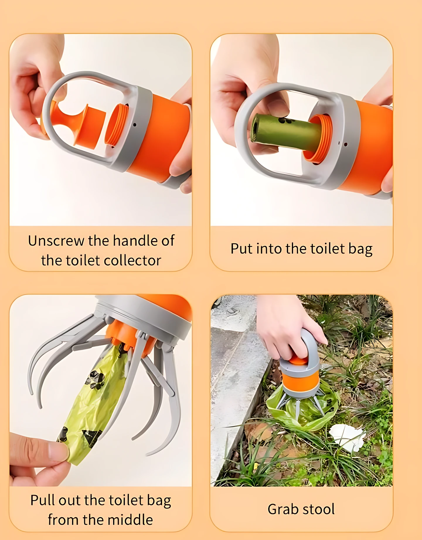 Recogedor de excrementos para mascotas con garra plegable naranja y gris, mostrando uso en cuatro pasos: desenroscar mango, insertar bolsa, extraer bolsa por medio y recoger heces en césped.