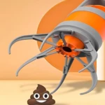 Garra plegable naranja y gris en ángulo superior, con garras extendidas sobre excremento de mascota con cara sonriente.