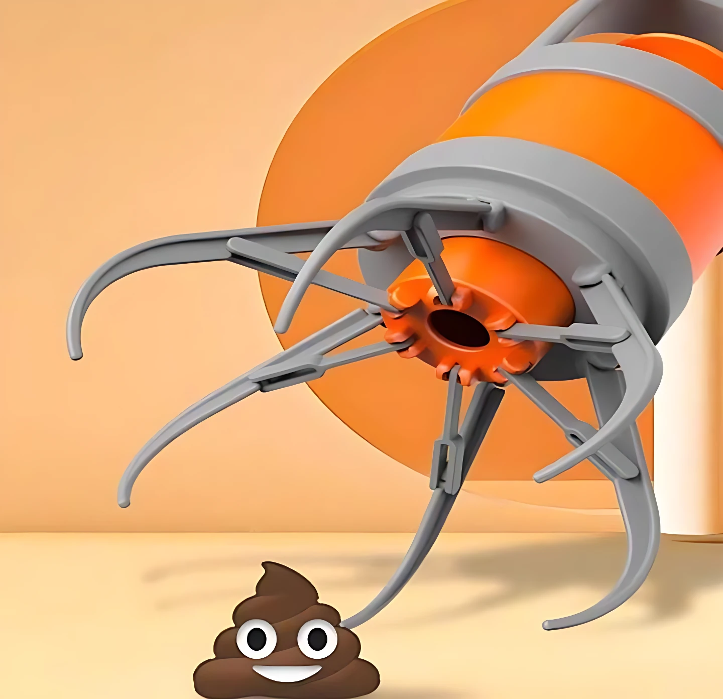 Garra plegable naranja y gris en ángulo superior, con garras extendidas sobre excremento de mascota con cara sonriente.