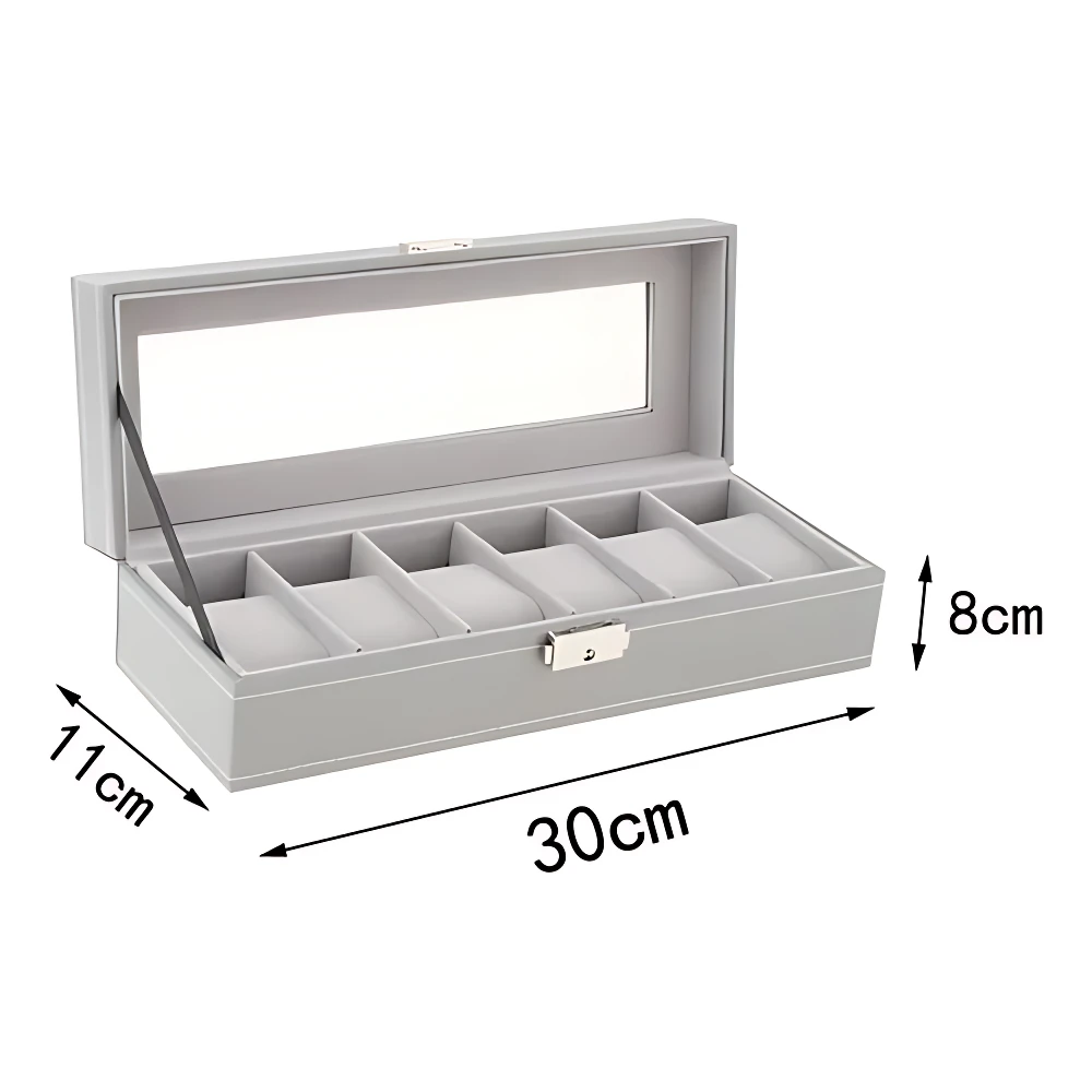 Relojero gris de 30 cm con cristal y llave, abierto mostrando seis compartimentos para relojes.
