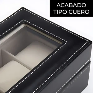Relojero negro con tapa de vidrio y costuras blancas, mostrando interior dividido para organizar hasta seis relojes de hasta 42 mm.