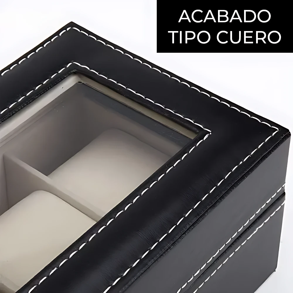 Relojero negro con tapa de vidrio y costuras blancas, mostrando interior dividido para organizar hasta seis relojes de hasta 42 mm.