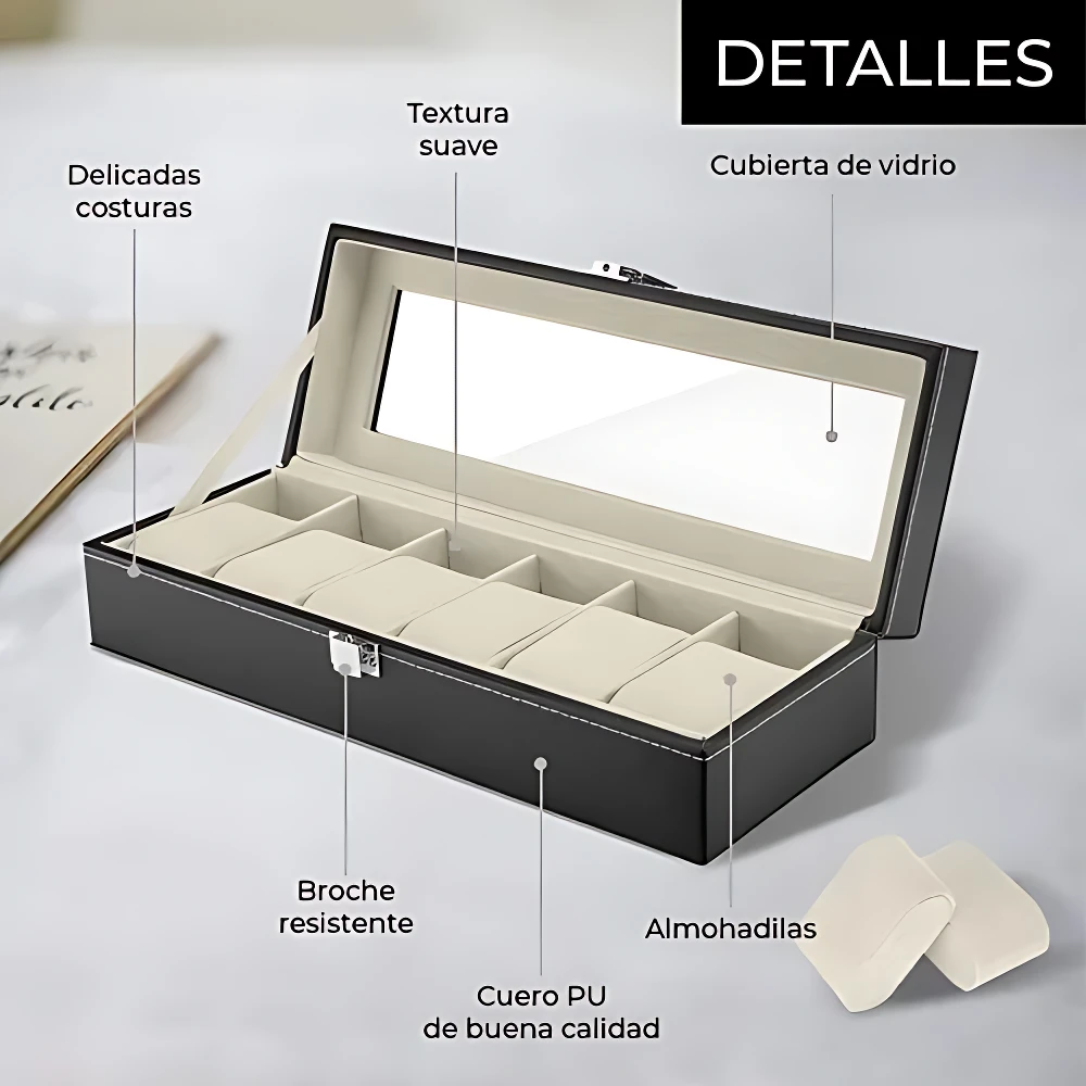 Relojero negro de cuero PU con tapa de vidrio, abierto y mostrando seis compartimentos acolchados para relojes de hasta 42 mm. Incluye broche resistente y almohadillas suaves.