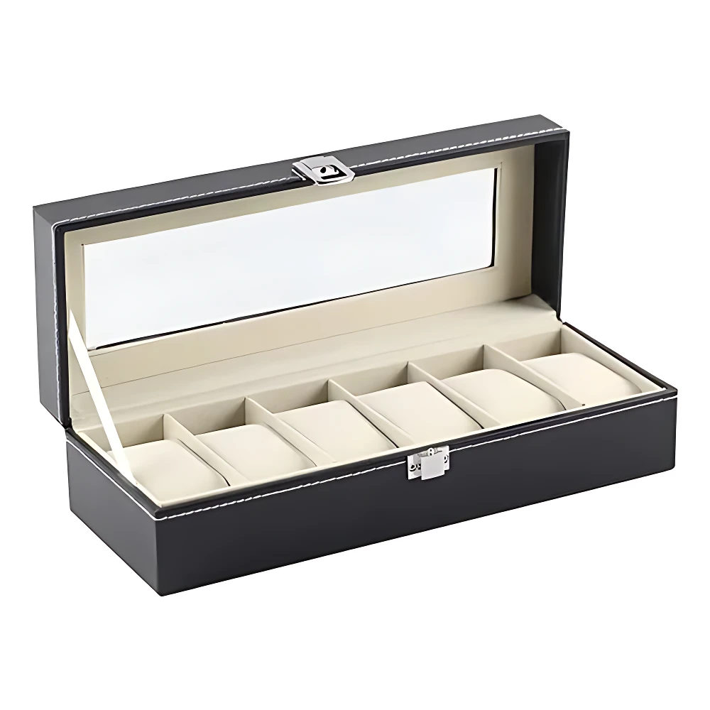 Relojero negro con tapa de vidrio y cierre metálico, abierto para mostrar seis compartimentos acolchados en color crema, diseñado para organizar relojes de hasta 42 mm.