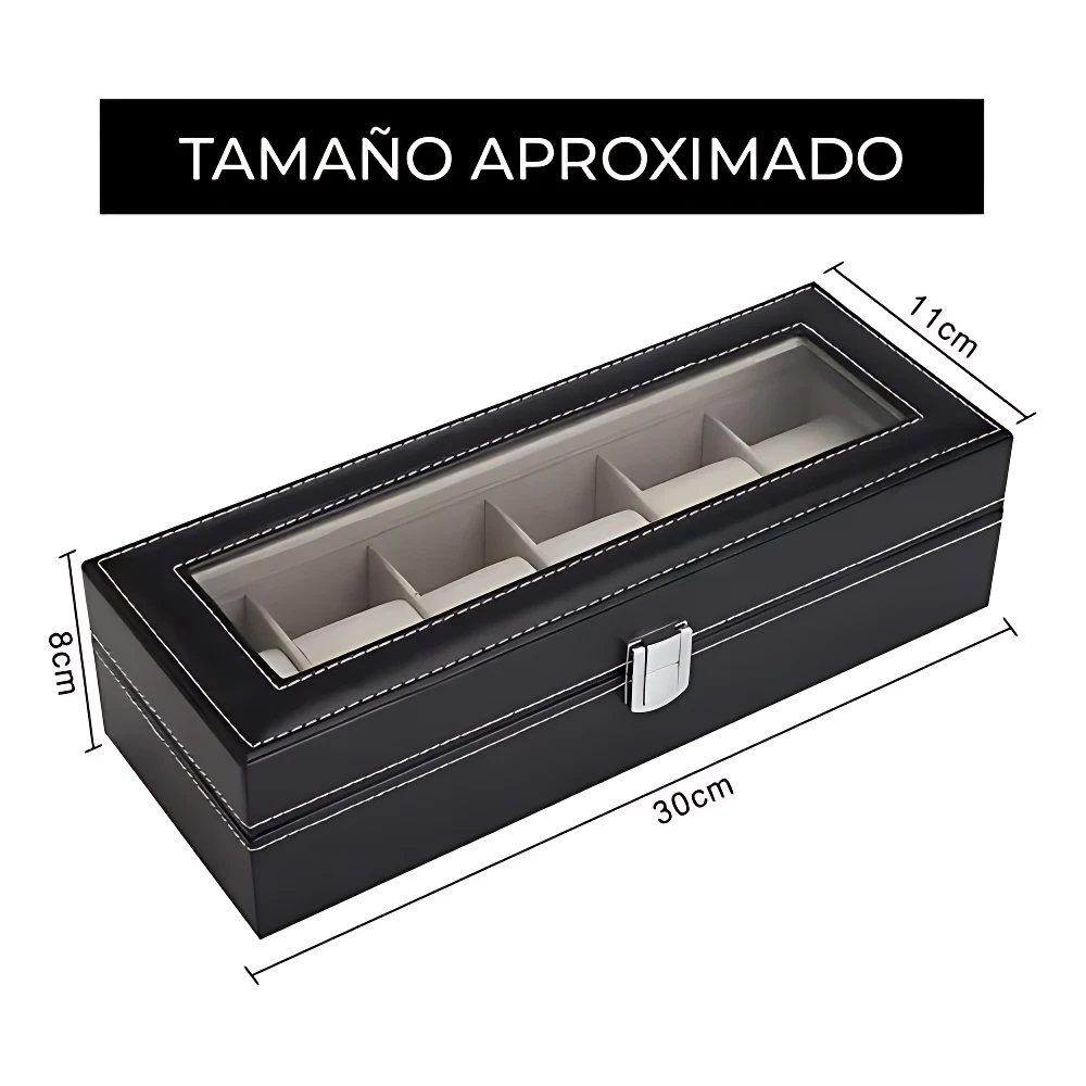 Relojero negro con tapa de vidrio, dimensiones 30x11x8 cm, diseñado para organizar hasta seis relojes de hasta 42 mm.