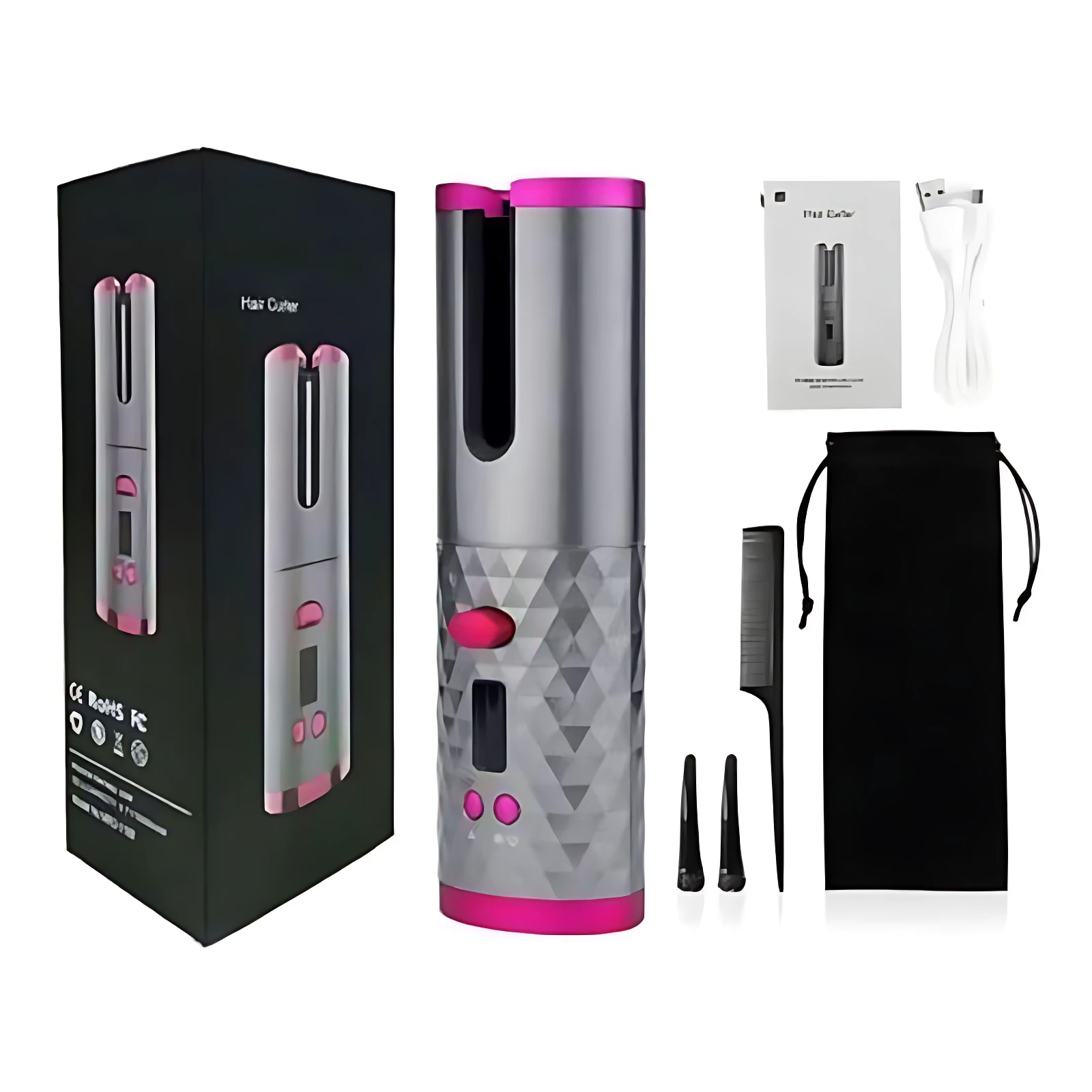 Rizador de cabello automático inalámbrico plateado con detalles fucsia, incluye peine, bolsa y cargador USB.
