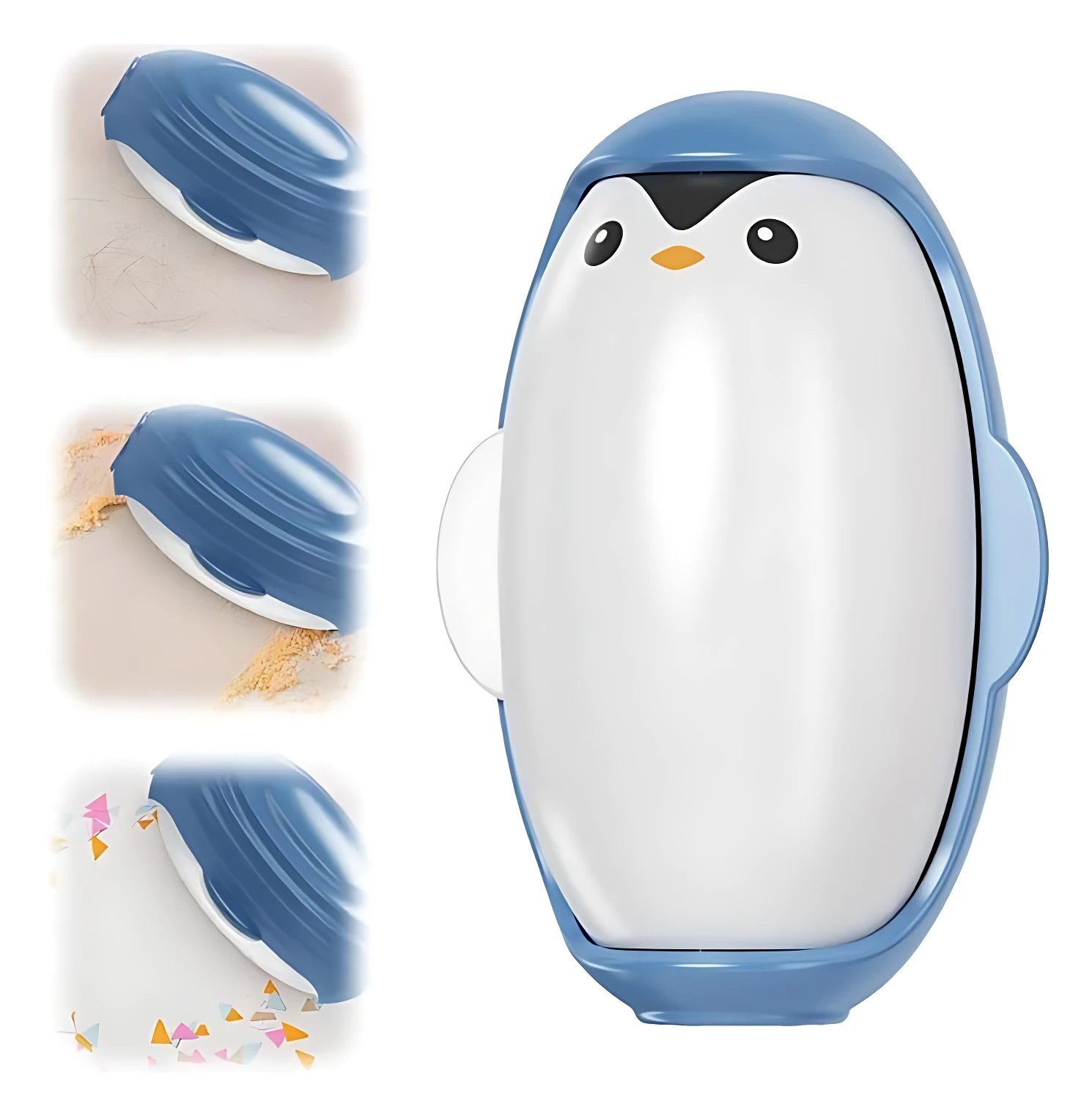 Rodillo quitamotas portátil azul en forma de pingüino, ideal para eliminar pelos y pelusas.