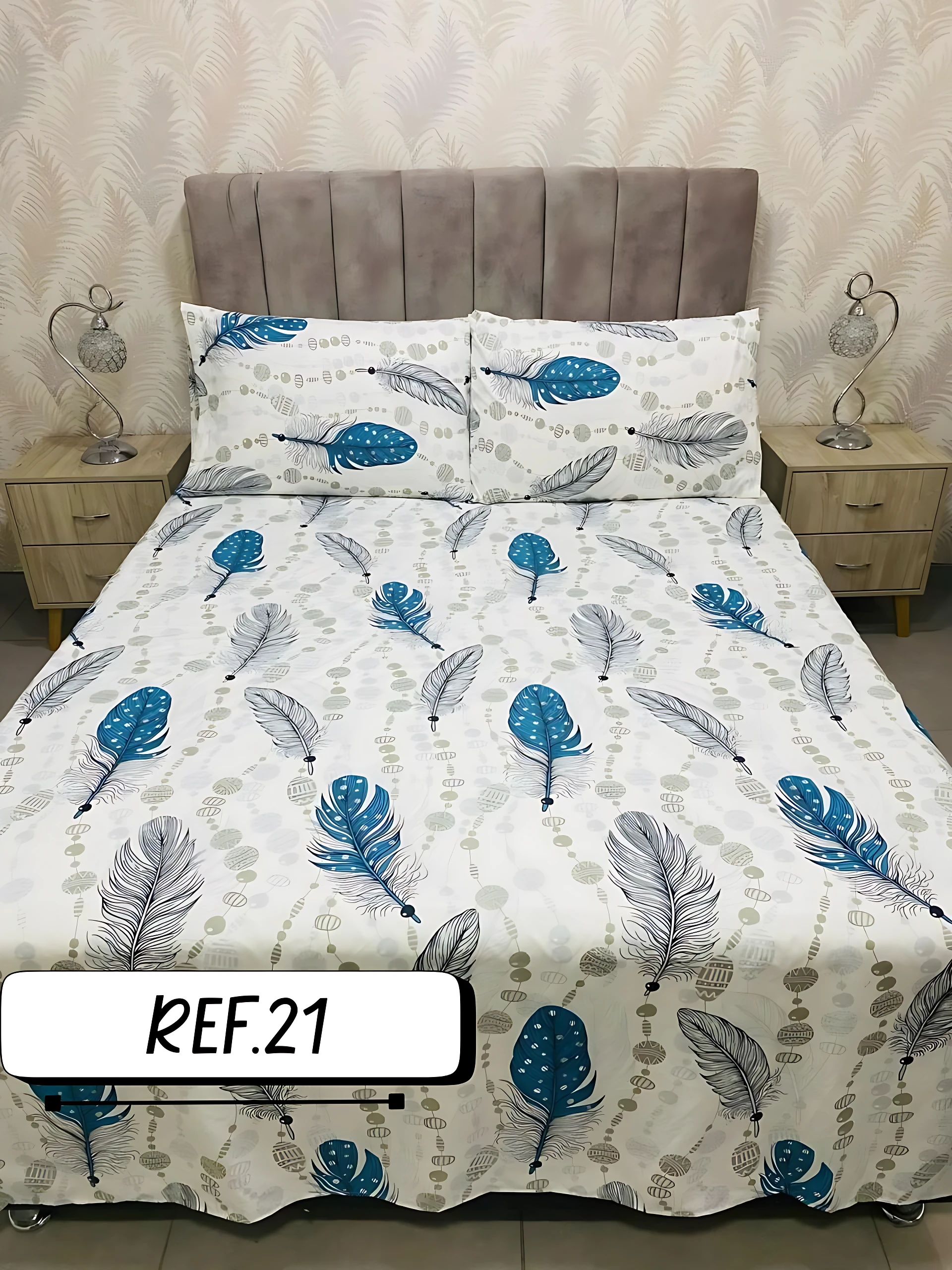Sábanas blancas con estampado de plumas azules y grises, para cama doble, 800 hilos Dantex.