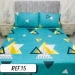 Sábanas cama doble turquesa con estampado geométrico de triángulos dorados y negros. REF.15