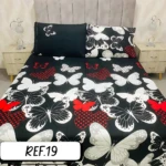 Sábanas Cama Doble 800 Hilos Dantex con estampado de mariposas blancas, grises y rojas sobre fondo negro.