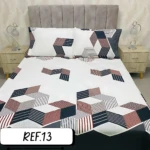 Sábanas Cama Doble Dantex 800 Hilos con diseño geométrico abstracto en tonos blanco, negro, rojo y marrón.