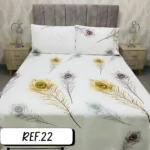 Sábanas blancas para cama doble con estampado de plumas de pavo real en tonos dorados y grises, 800 hilos.