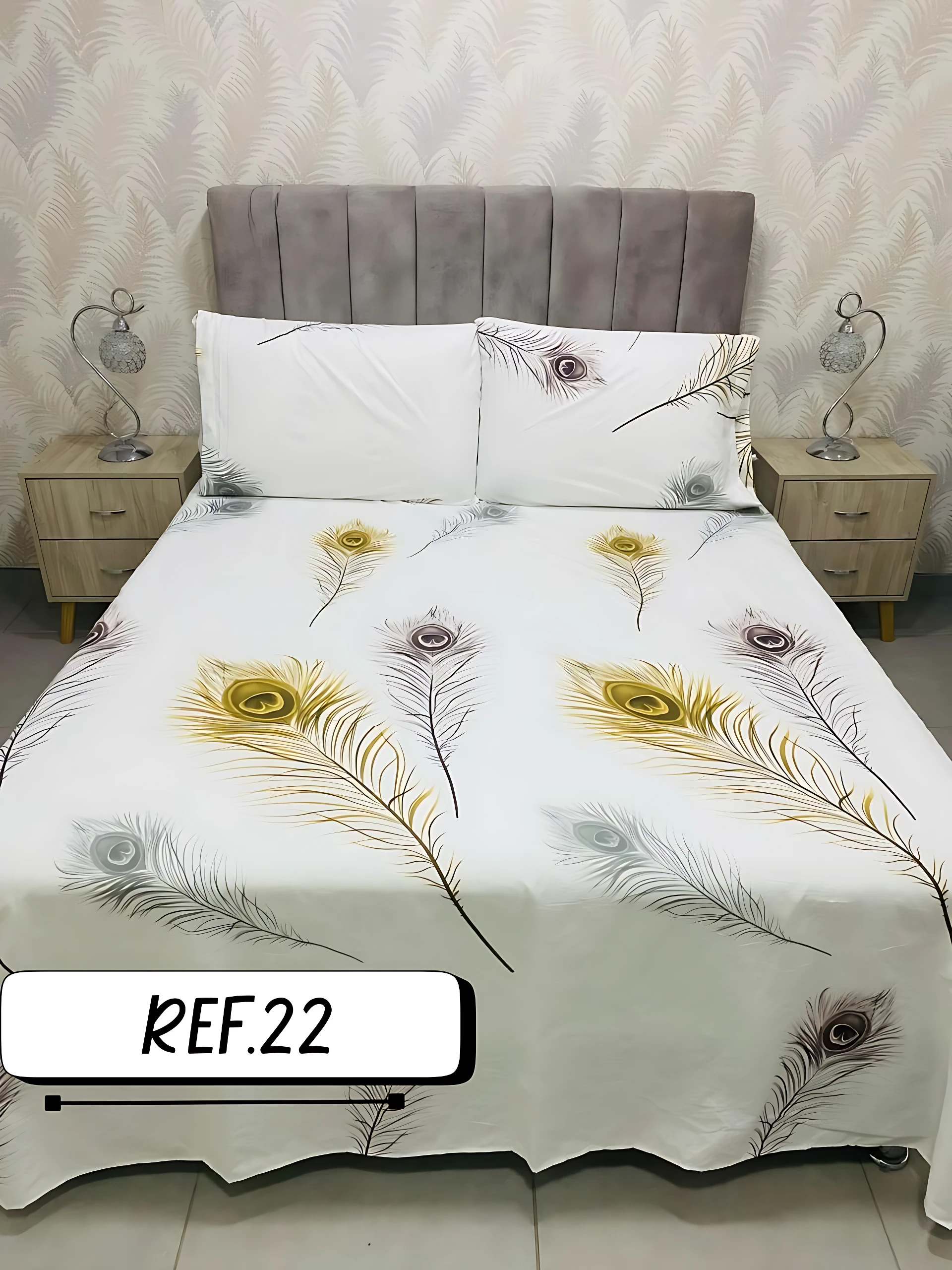 Sábanas blancas para cama doble con estampado de plumas de pavo real en tonos dorados y grises, 800 hilos.