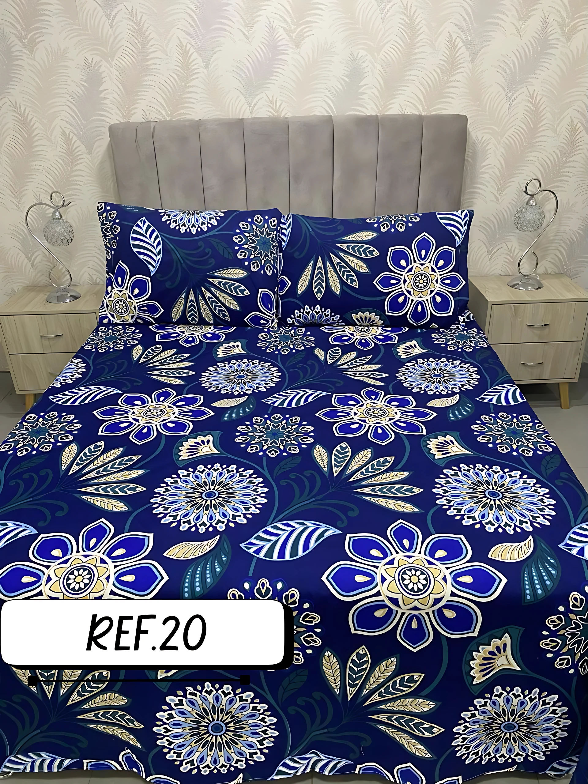 Sábanas cama doble azul con estampado floral blanco y dorado, 800 hilos Dantex.