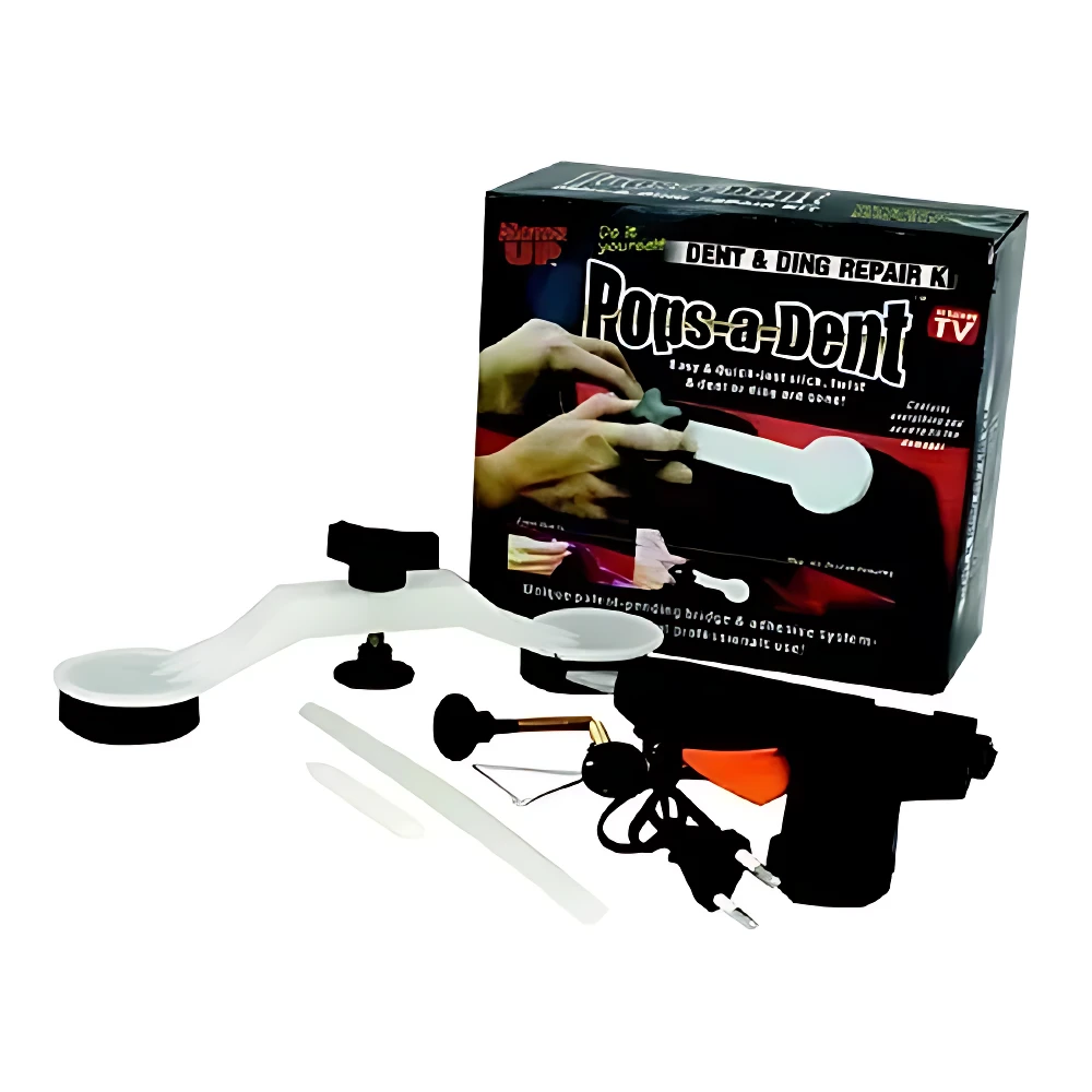 Kit de reparación de abolladuras para automóviles, con herramienta de succión, pistola de calor y accesorios, sobre fondo blanco.