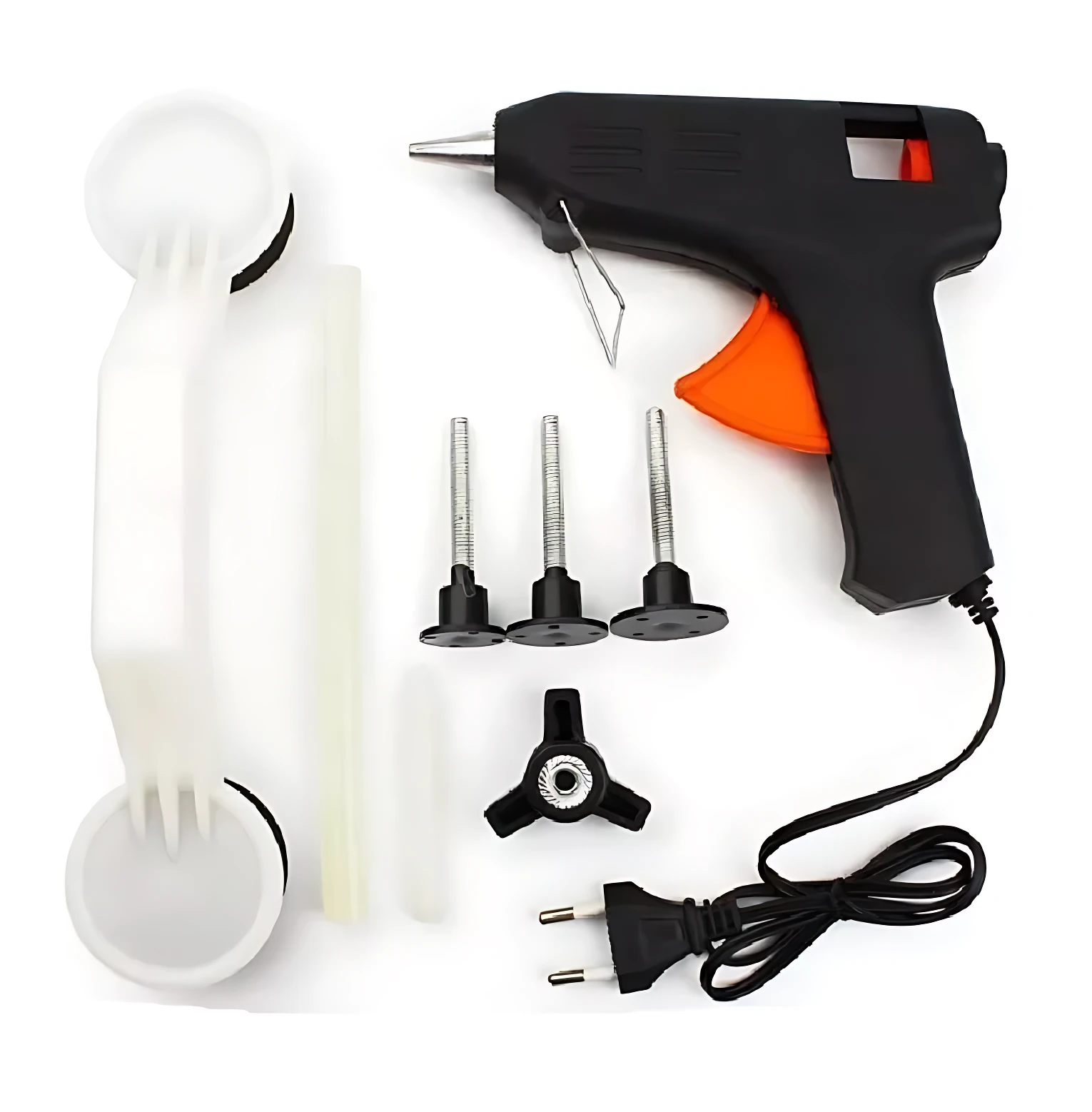 Kit de reparación de abolladuras para autos, incluye pistola de calor, varillas, soportes y cable de alimentación.