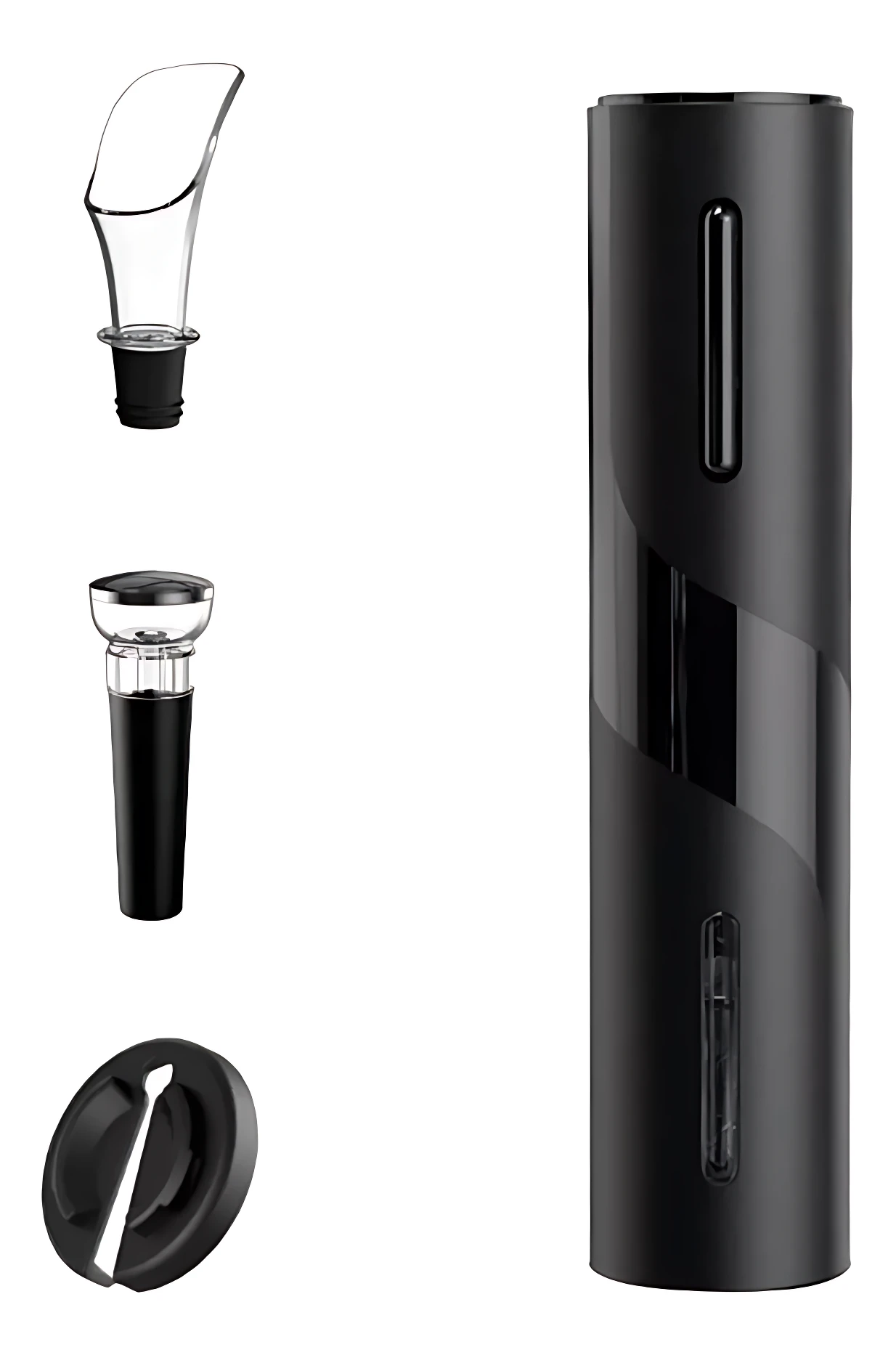 Sacacorchos eléctrico automático negro con accesorios desmontados. Incluye embudo de vidrio para servir, tapón de corcho y tapa protectora. Diseño cilíndrico con detalles en brillo.