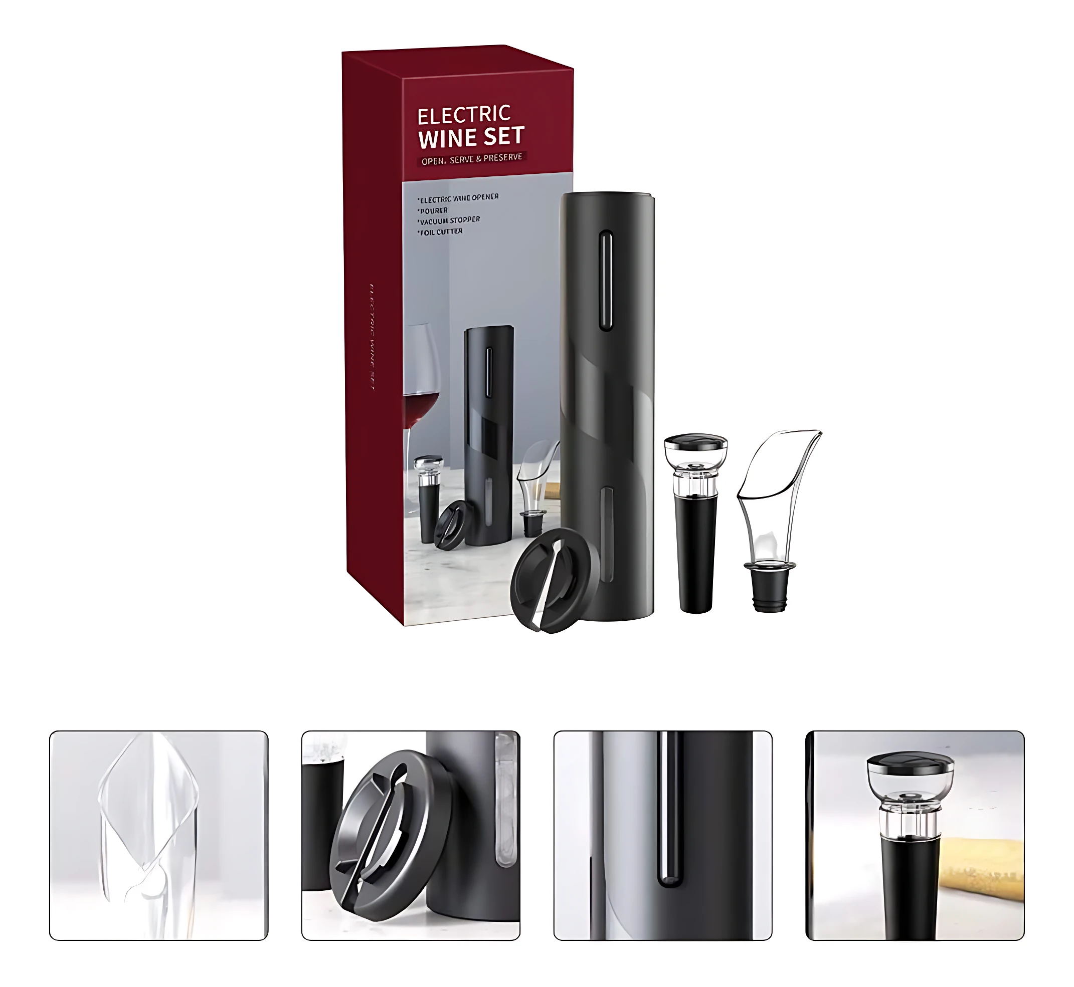 Set eléctrico de vino en caja roja. Muestra el abridor automático negro junto con tapón de vacío, decantador y cortador de corcho. Incluye recuadros con detalles de los accesorios.