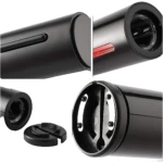 Sacacorchos eléctrico automático negro. Vista detallada del cuerpo cilíndrico, luz roja LED, interior metálico con tornillos y la tapa removible. Diseño compacto para abrir botellas de vino.