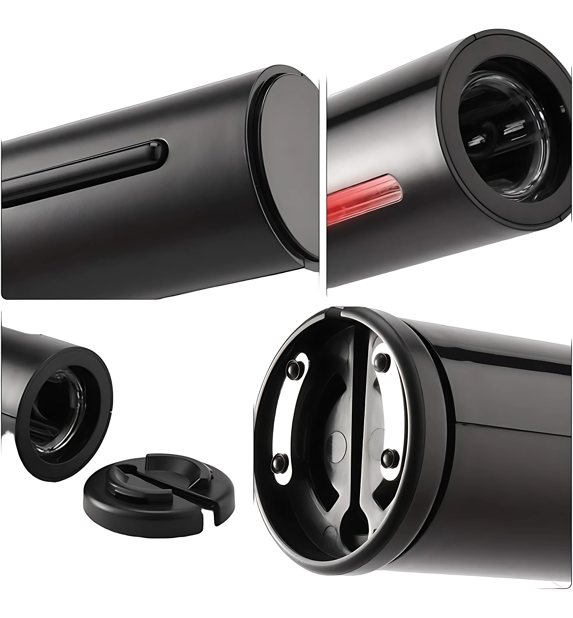 Sacacorchos eléctrico automático negro. Vista detallada del cuerpo cilíndrico, luz roja LED, interior metálico con tornillos y la tapa removible. Diseño compacto para abrir botellas de vino.