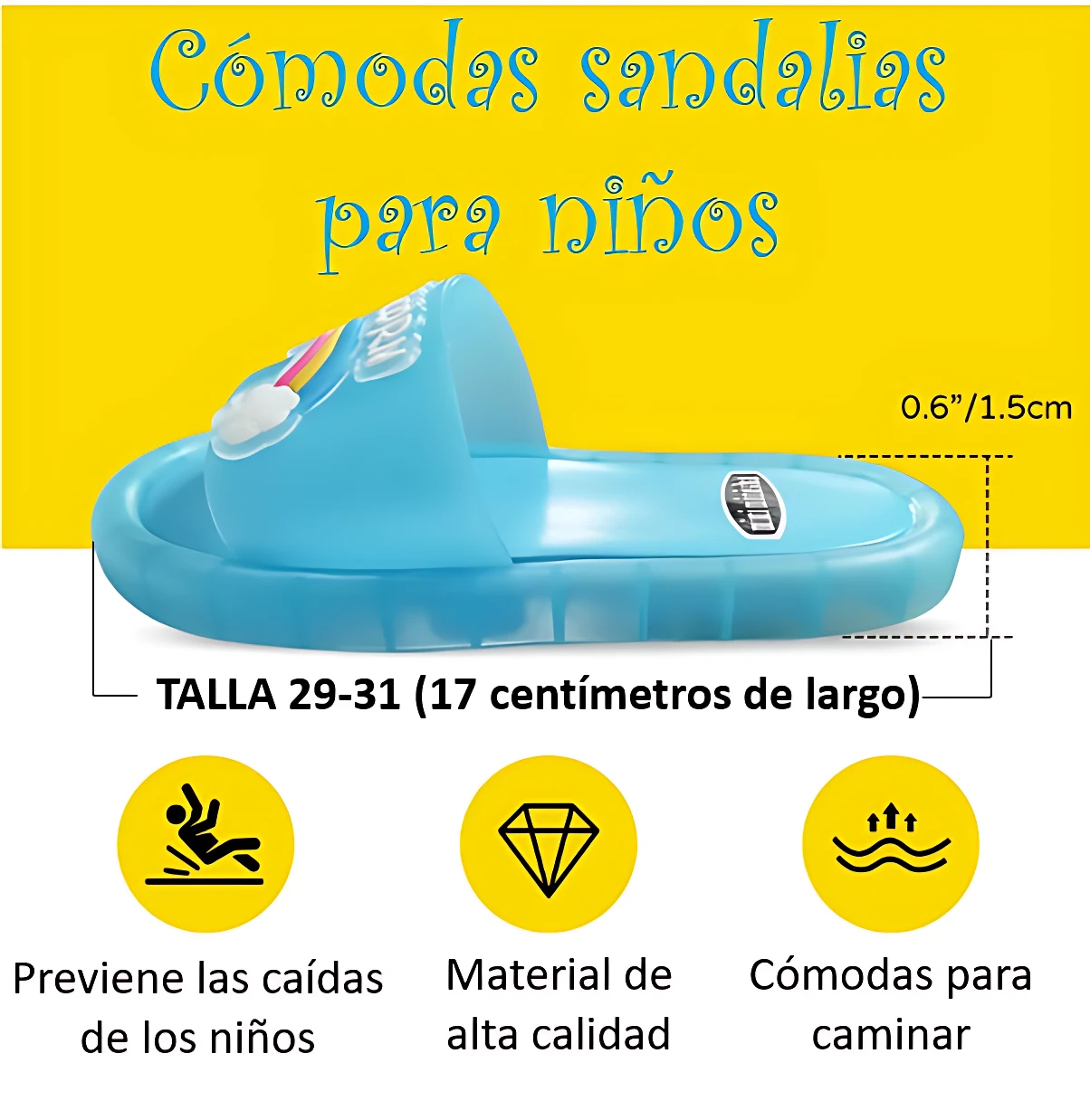 Sandalia azul infantil antideslizante, talla 29-31 (17 cm), con suela de 0.6"/1.5 cm de grosor, ideal para caminar y prevenir caídas.