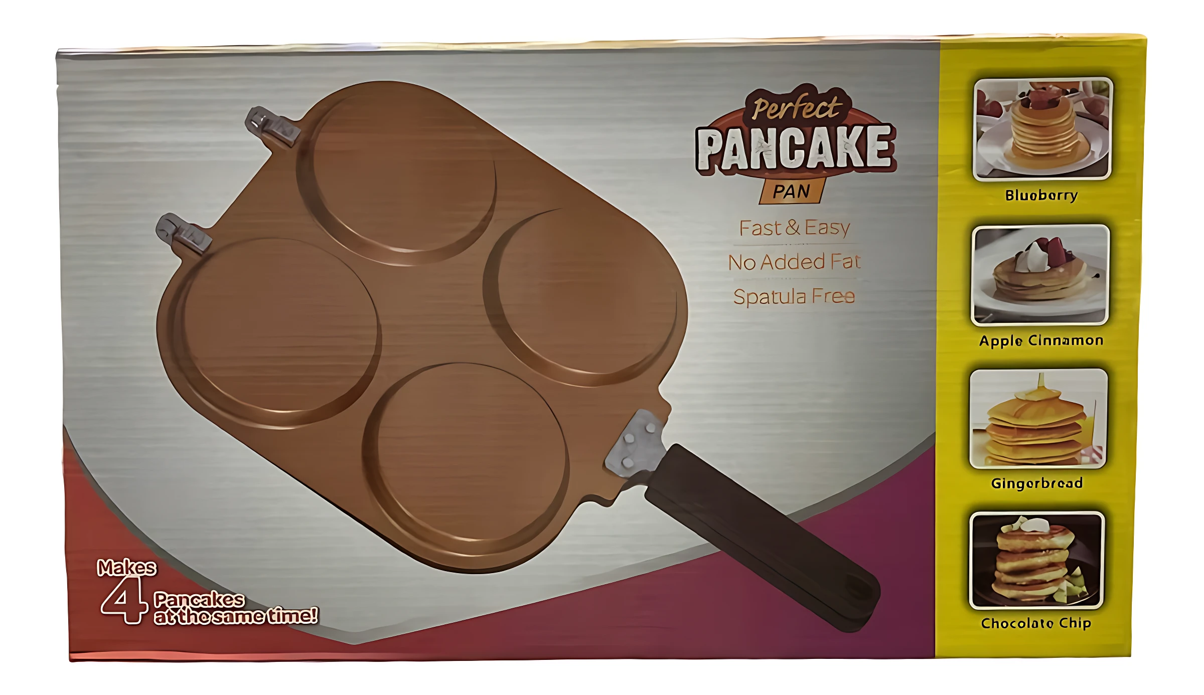 Sarten antiadherente de color marrón con cuatro cavidades circulares para preparar pancakes o arepas simultáneamente, con mango negro y diseño compacto.