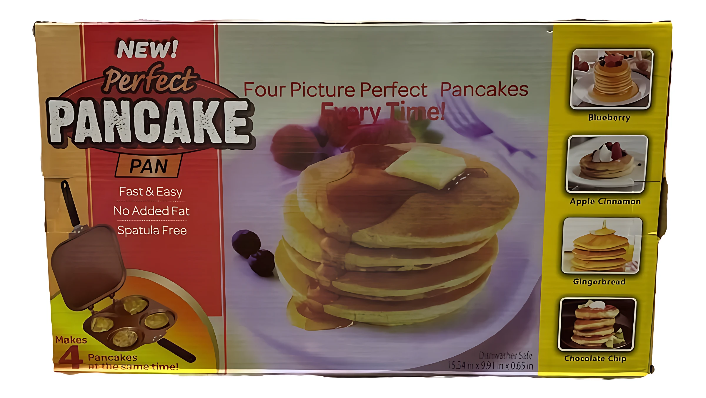 Caja del sartén antiadherente Perfect Pancake, con de pancakes dorados y frutas, muestra cuatro recetas incluidas: arándanos, manzana canela, jengibre y chocolate.