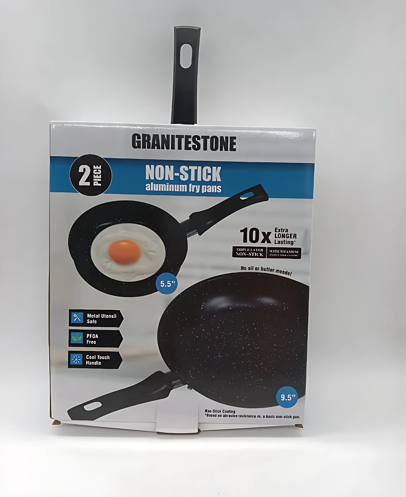 Caja del set de dos sartenes antiadherentes Granitestone de color negro con puntitos. Se observa una de 5.5 pulgadas con un huevo y otra de 9.5 pulgadas. Etiquetas destacan durabilidad y mango frío.