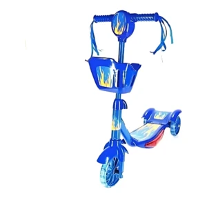 Scooter infantil azul con canasta frontal, luces y sonido, diseñado para aprender equilibrio.