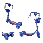 Scooter infantil azul con canasta frontal, luces y sonido. Muestra tres ángulos: frontal, lateral y vista inferior. Diseño ergonómico para niños pequeños.