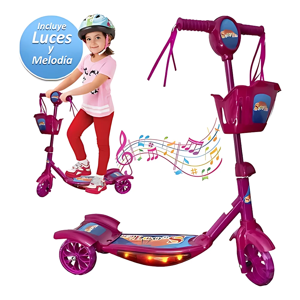 Scooter infantil tricolor con canasta, luces y melodía. Niña usando el modelo en acción sobre fondo blanco.