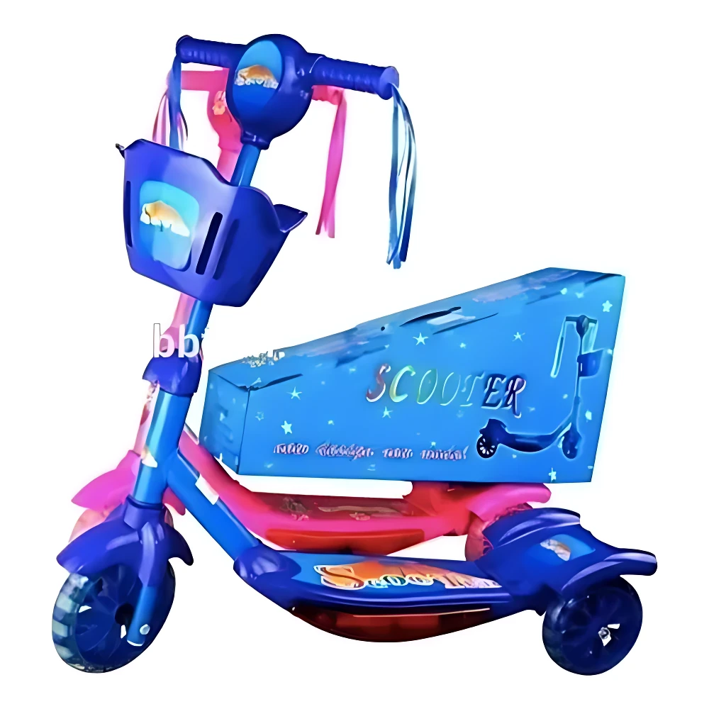 Scooter infantil azul con canasta frontal, luces y sonidos, sobre caja de presentación.
